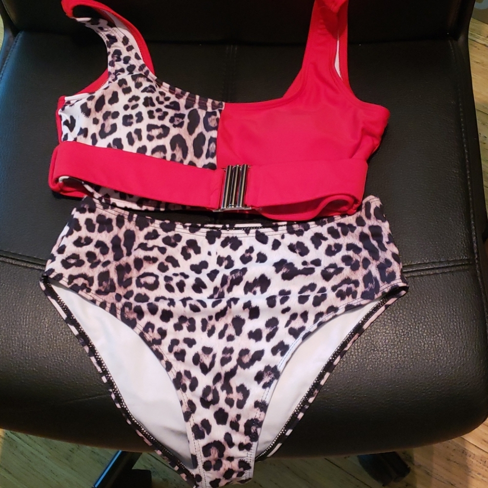 Red & Leopard Print High-Waist Bikini Set